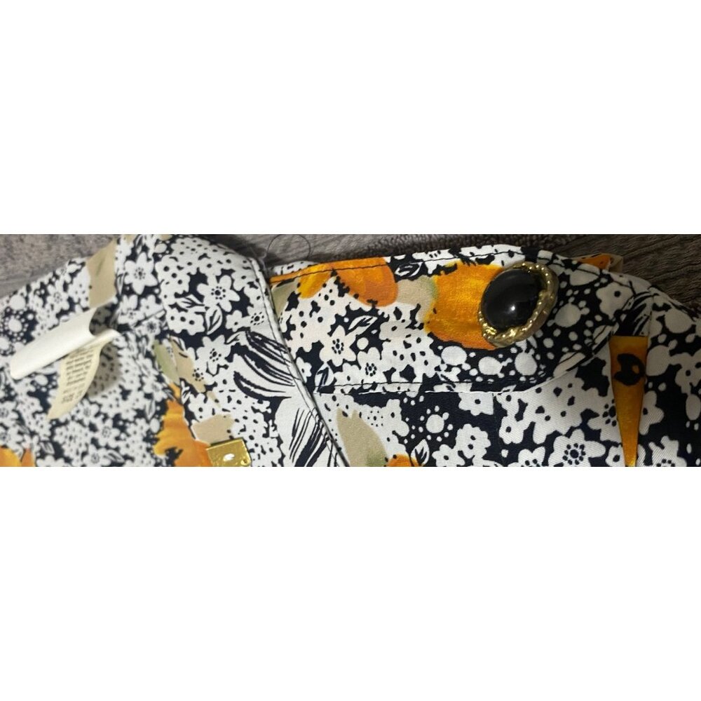 JAS Vintage Dress 2X Floral Midi Short Sleeves Collar Belted Pocket Black Yellow - Picture 7 of 15